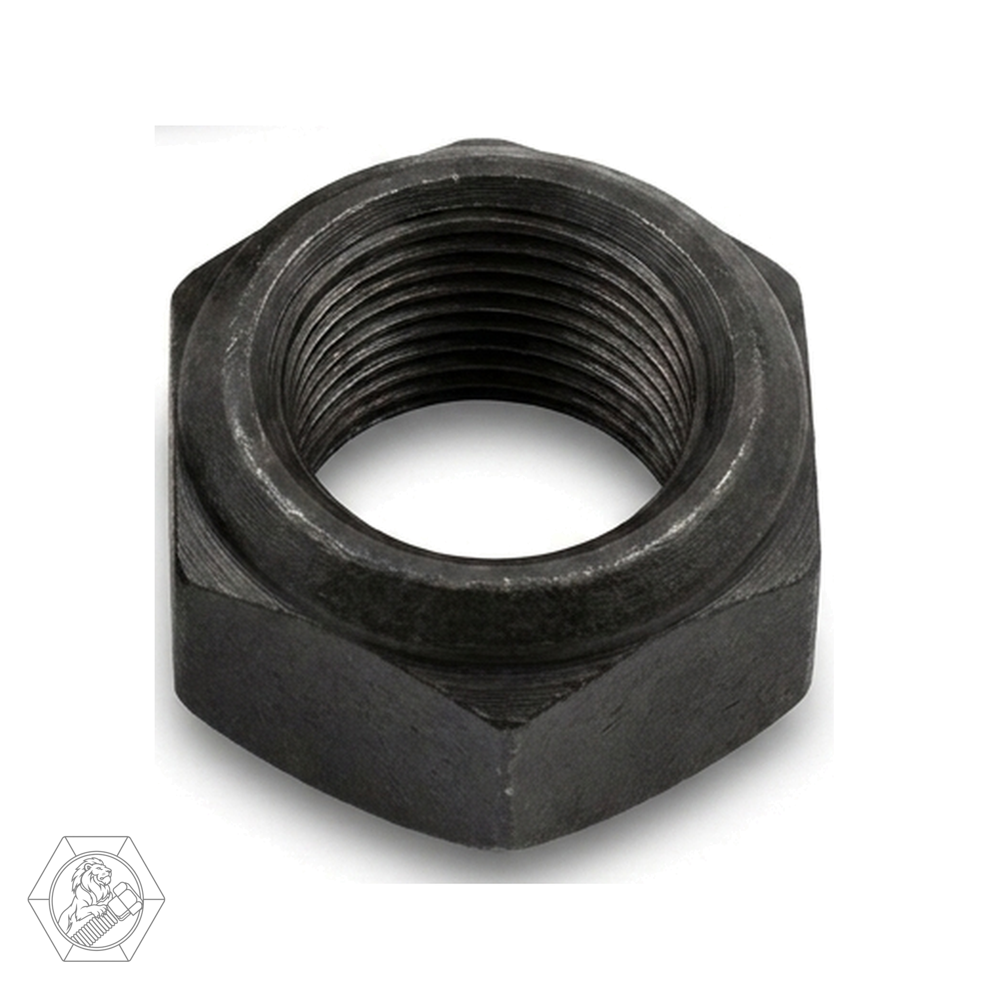 Tuerca de Rueda Tongo Kia M27 x 1.5, hex 41, acero pavonado, de ROSCA DERECHA. El sentido de rosca NO se distingue en la fotografia: es identica a la de rosca izquierda (SKU 7233). Esta pieza es de rosca DERECHA.